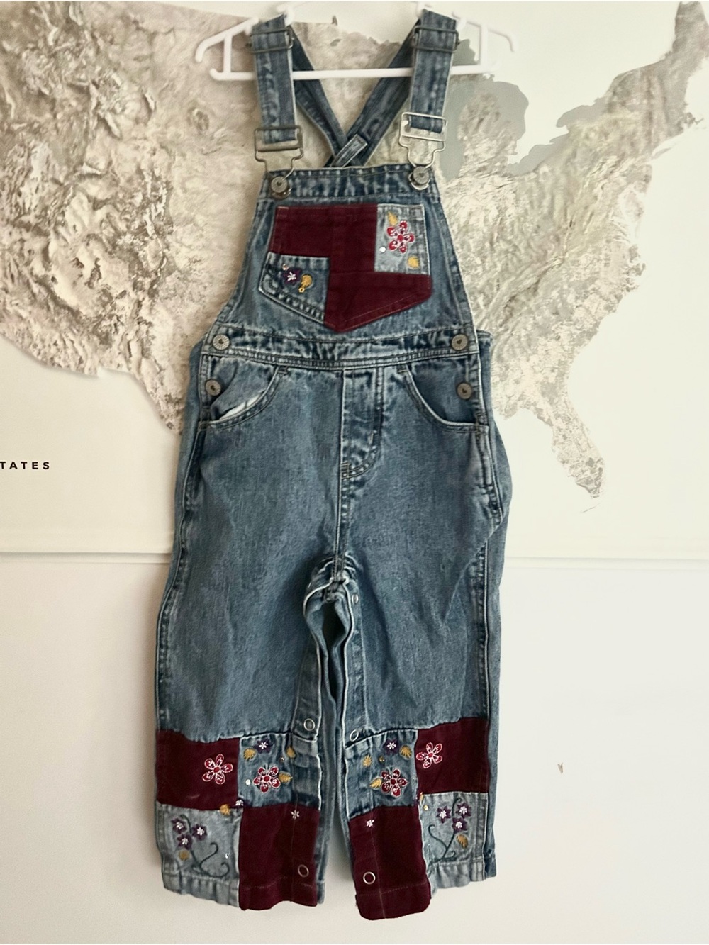 Squeeze Denim Overalls with Burgundy Patchwork | Girl’s Y2K Inspired Denim